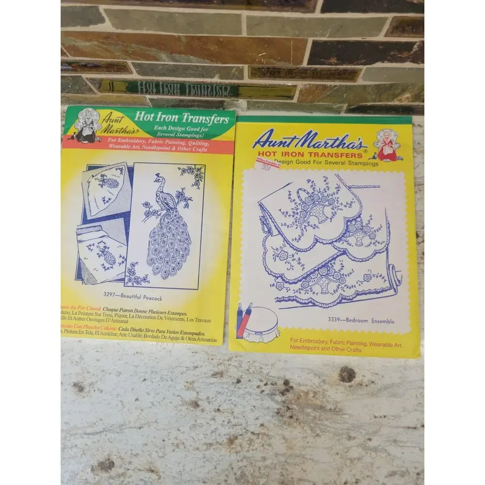 7 Vtg Aunt Martha's Hot Iron Embroidery Transfer Patterns Southern Belle Peacock